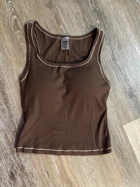 Brown Ribbed Tank Top Padded Crop Fitted Tank Top